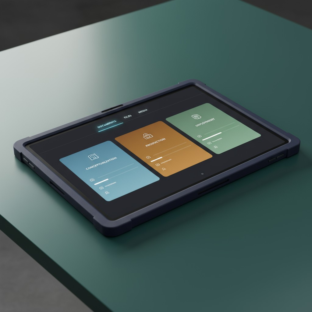 An iPad with a screen displaying customizable panels, situated on a table.