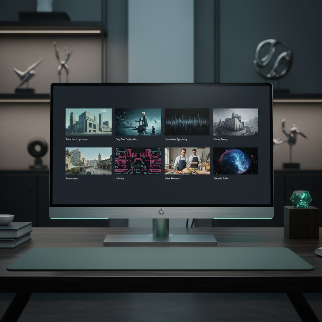 A computer monitor showing a screen displaying images of various TV shows.