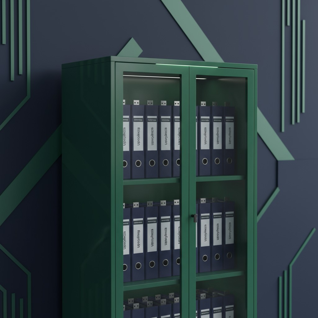 A green filing cabinet filled with several binders labeled "upsolincs" against a dark blue wall.